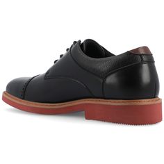 The Dexter derby shoe from Vance Co. seamlessly combines sophistication and comfort with its 1-inch block heel, lace-up closure, and classic round toe design. Crafted from faux leather this style offers a stylish and versatile option. The mesh lining, 6 mm Tru Comfort Foam™ footbed, and rubber outer sole ensure breathability and cushioned support, making the Dexter a well-rounded choice for various occasions. Black Oxford Lace-up Shoes With Plain Toe, Black Oxford Lace-up Shoes, Oxford Cap Toe Lace-up Shoes With Rubber Heel, Black Brogue Lace-up Shoes For Derby, Cap Toe Oxford Lace-up Shoes With Rubber Heel, Classic Black Oxfords With Laces, Black Lace-up Oxfords With Rubber Heel Cap, Black Lace-up Shoes With Brogue Detailing For Derby, Black Lace-up Dress Shoes For Derby