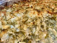 a casserole dish with green beans and onions in it is ready to be eaten