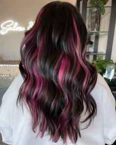 Red Tips For Hair, 2023 Colorful Hair, Dark Rainbow Hair Color Ideas, Highlights Of Color In Hair, Hair Inpos Ideas Color, Two Colour Hair Ideas, Highlights Back Hair, Colour Peekaboo Hair, Peekaboo Hair Color On Dark Hair