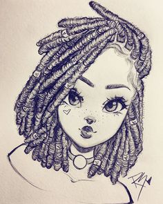 a drawing of a girl with dreadlocks on her head and eyes, looking to the side