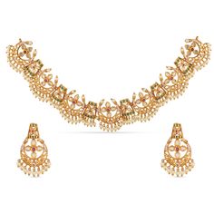 PRICES MAY VARY. MATERIAL: Vaikha jewelry set is made out of Brass with high quality Gold-Plating. This Floral theme piece is studded with opulent white red green cubic zirconia stones and induced pearls. FEATURE: This traditional jewelry set includes 1 pair dangle earrings and 1 short necklace, length (Necklace 12 cm, Earrings 4 cm) and weight (Necklace 39 gm, Earrings 11 gm). The necklaces comes with Fishhook closure and has adjustable length. GIFTING: This necklace set arrives in unique and s Multicolor Necklaces For Puja, Multicolor Motifs Temple Jewelry, Multicolor Temple Jewelry With Motifs, Chandbali Motif Necklaces For Diwali, Navratri Multicolor Necklaces With Motifs, Motifs Necklace For Navratri Puja, Navratri Necklaces With Motifs As Gift, Navratri Motif Necklaces For Puja, Motifs Necklace For Puja And Navratri