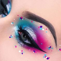 Colorful Rhinestone Eye Makeup, Crazy Eye Makeup Creative, Bright Halloween Makeup, Fun Makeup Ideas Easy, Unicorn Face Makeup, Unicorn Eye Makeup, Chunky Glitter Eye Makeup, Bisexual Pride Makeup, Rave Eye Makeup