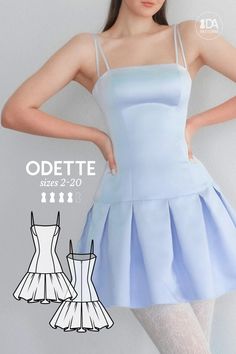 Odette Drop-Waist Pleated Skirt Dress PDF Digital Sewing Pattern for Women Sizes 2-20. Simply one of the dreamiest designs, this Odette mini dress features a stunning array of design lines accentuating your gorgeous figure, as well as princess-like pleats on the flared skirt ❤️ Odette Drop-Waist Pleated Skirt Dress PDF Digital Sewing Pattern for Women Sizes 2-20 Cute Skirt Patterns, Simple Dress Tutorial, Skirt Into Dress Diy, Diy Mini Skirt Pattern, Sewing Projects Skirt, Dress Sewing Patterns Free Easy, Princess Line Dress Pattern, Mini Skirt Pattern Sewing, Sewing A Skirt