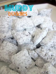 a pile of muddy cubes sitting on top of a white plate covered in powdered sugar