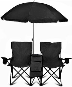 two folding chairs under an umbrella on a white background