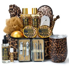 PRICES MAY VARY. 🐆 Natural 25 Pcs Spa Gift Basket - Pamper yourself with this collection of 16 ROSA ACCA products and enjoy some “me” time. This gift set comes complete with shower gel, bubble bath, bath oil, 24k gold bath fizzer, body lotion, bath soak, lip balm, bath puff, 2x hair tie, headband, eyemask, wine tumbler, manucure set, pumice, leather cosmetic bag. 🐆 Aromatherapy Bath Experience - This sweet honey almond scent is tropical, romantic, fragrant and long-lasting, will carry you away Spa Gift Set, Spa Birthday Gift Basket For Sale, Client Gift Baskets, Cute Body Care And Spa Gift Sets, Printed Makeup Bag, Gift Baskets For Women, Bath Gift Set, Spa Gift Basket, Spa Set