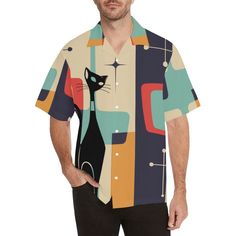 Step into the 1950s in style with the Mid Century Modern Man Atomic Retro Hawaiin Party Shirt! This Hawaiian-inspired shirt's eye-catching designs are perfect for a beachside getaway or a night 'round the boom box. Don't miss out on your chance to look dapper and hip – extra swoo!on points included. 95% Polyester, 5% Spandex, for men 7.23 Oz. stylish for fashion men. Made from 95% polyester and 5% spandex, lightweight and comfortable. Regular fit with short sleeves, perfect top for summer wearin Party Shirts Men, Tiki Man, Atomic Retro, Boom Box, Fits With Shorts, Looking Dapper, Top For Summer, The 1950s, Dinosaur Print