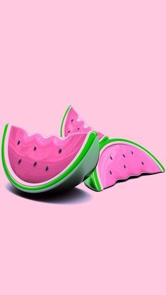 two pieces of watermelon on a pink background with green trims and one piece cut in half