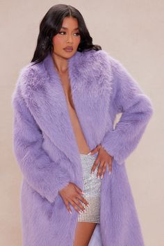 Available In Purple, Grey, And Pink. Jacket Long Sleeve Belted Lined Faux Fur Non Stretch Shell: 100% Polyester Lining: 95% Polyester 5% Spandex Imported | Farah Faux Fur Coat in Purple size Medium by Fashion Nova Purple Fur Coat Outfit, Purple Fur Coat, Recreate Outfits, Fur Coat Long, Fur Coat Outfit, Hot Clothes, Jacket Long, Pink Jacket, Coat Outfits