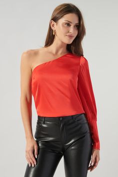 Good Time One Shoulder Satin Crop Top – Sugarlips Mutton Sleeve, Satin Crop Top, Fitted Top, Satin Top, Sleek Look, Red Blouses, High Waisted Denim, Good Time, Invisible Zipper