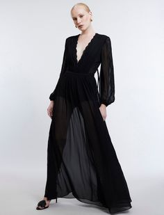 Black Nevaeh Long Sleeve Gown | Dresses | BCBGMAXAZRIA Sheer V-neck Maxi Dress For Evening, Chiffon Maxi Dress With Lace Trim, Sheer V-neck Maxi Dress For Formal Occasions, Billowy V-neck Maxi Dress For Party, Flowy Lace Maxi Dress For Evening, Sheer Chiffon Maxi Dress For Gala, Evening Lace Maxi Dress With Sheer Sleeves, Party V-neck Maxi Dress With Lace Sleeves, V-neck Maxi Dress With Lace Sleeves For Party