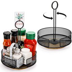 PRICES MAY VARY. Value pack. Package include 2 pcs condiment caddies. Size of each sauce holder: 7.5''(inner dia) x 9.25''(length of holder); overall dimension: 7.75''(outer dia) x 10''(H). Card holder design. The round handle is even in two parts, so you could put a card, plastic numbers or menu in there. Making it easy to stay organized at home or at a restaurant. And it is easy to carry from location to location with the handle. Well made caddies with no rough edges. Yesland's seasoning organizer is made of premium metal and wooden bottom. Heavy enough to stay put, so a bump doesn't send it flying off your work table. Big enough to put in various condiments. Large enough to hold ketchup, mustard, hot sauce, steak sauce, BBQ sauce, salt, pepper and mayonnaise—about 6 standard size bottle Table Caddy, Seasoning Organizer, Salt And Pepper Holder, Bottom Heavy, Kitchen Utensil Holder, Round Handle, Steak Sauce, Thanksgiving Fun