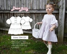 "This is a girls tiered dress with puff sleeves and bows PDF Sewing Pattern (instant download) with Instructions. 'Pretty Little Dress' pattern by DearBillyPatterns. Designed for woven fabrics. This is a PDF Sewing Pattern (instant download) in sizes 12M-18M-2Y-3Y-4Y-5Y-6Y-7Y-8Y-9Y-10Y-11Y-12Y. All sizes are included in your purchase. This is an intermediate skill level sewing pattern that requires prior sewing experience. If you have any questions while sewing-feel free to email us, we'll be mo Baby Girl Dress Sewing Pattern, Children Sewing Patterns, Girls Dress Pattern Free, Toddler Sewing Patterns, Pretty Little Dress, Kids Clothes Patterns, Sewing Kids Clothes, Girls Dress Sewing Patterns, Dress With Puff Sleeves