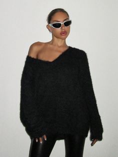 Oversized Fluffy Deep V-Neck Casual Women Sweater Black Casual  Wrist-Length Sleeve Polyester Plain Pullovers Non-Stretch  Women Clothing, size features are:Bust: ,Length: ,Sleeve Length: Womens Corset Tops, Batwing Sleeve Sweater, Shapewear Tops, Women Corset, Women Sweater, Women's Shapewear, Inspiration Mode, Sweater Black, Sweater Sleeves