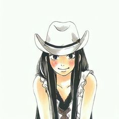 a drawing of a girl with long black hair wearing a cowboy hat and dress shirt