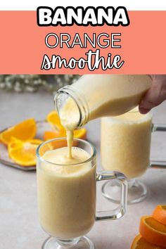 an orange smoothie is being poured into a glass with the text, banana orange smoothie