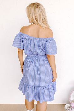 Plus Size - You are sure to look simply supreme in this stunning sky blue dress featuring lightweight breezy material patterned with white accent stripes, a straight elastic neckline with short sleeves that can be worn on or off the shoulder, a tie belt waistline, and a flattering silhouette that falls into a peplum bottom with an uneven knee-length hemline! Measurements 1XL : Bust 36", Hip 40", Length 34", Sleeve Length 7.5", Waist 28-32". 2XL : Bust 38", Hip 42", Length 34.5", Sleeve Length 8" Blue Off Shoulder Dress For Summer Day Out, Blue Off-shoulder Dress For Summer Day Out, Blue Off-shoulder Dress For A Summer Day Out, Casual Blue Off-shoulder Dress For Day Out, Light Blue Off-shoulder Summer Dress, Light Blue Off-shoulder Mini Dress For Summer, Blue Off-shoulder Casual Dress For Vacation, Casual Blue Off Shoulder Dress For Spring, Chic Short Sleeve Off Shoulder Dress For Vacation