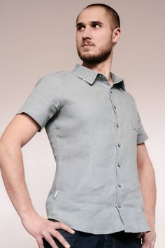 "Linen Shirt Men, Slim Fit Shirt, Linen Clothing Linen short sleeve shirt for men. Tailor made (each item is individually cut and sewn by order, especially for You). DESCRIPTION: -Linen shirt -Slim fit -All button down -Pocket in the front -Short sleeved -Longer back -Classic collar -Handcrafted Welcome to small and sustainable CozyBlue workplace. WE WORK ETHICALLY. No factory use. Our team- professional seamstresses from small villages of Lithuania. Proudly working at home and earning an honora Fitted Shirt With Pockets And Casual Collar, Fitted Polo Collar Top With Buttons, Fitted Tops With Polo Collar And Buttons, Fitted Polo Collar Shirt With Pockets, Fitted Shirt With Pockets And Polo Collar, Fitted Shirt With Pockets And Collar, Fitted Shirt With Pockets And Spread Collar, Slim Fit Short Sleeve Tops With Pockets, Fitted Short Sleeve Shirt With Buttons