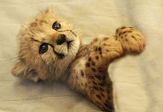 a stuffed cheetah laying on its back with it's paws spread out