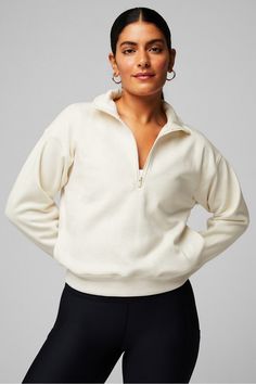 Cozy Fleece Half Zip Sweatshirt Fabletics white female Activewear >> Womens >> Tops >> Sweatshirts >> Pullovers regular Everyday/Lounge Womens Oversized Sweatshirts, Activewear Trends, Luxury Activewear, Casual Activewear, Half Zip Sweatshirt, Half Zip Sweaters, Fall Sweatshirt, Half Zip Pullover, Oversized Sweatshirt