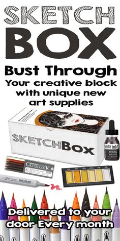 an advertisement for sketch box with crayons and markers