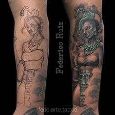 two tattoos on the legs of people with their arms and legs covered in black ink