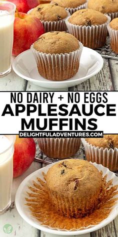 Two images of a muffin on a plate, text says no dairy, no eggs, applesauce muffins. Gluten Free Applesauce Muffins, Vegan Applesauce Muffins, Vegan Muffin Recipe, Vegan Applesauce, Egg Free Muffins, Vegan Muffin, Sugar Free Muffins, Applesauce Muffins, Vegan Breakfast Easy