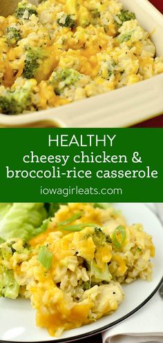 healthy cheesy chicken and broccoli rice casserole on a plate