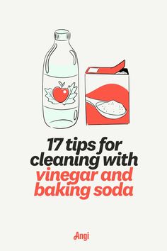 17 tips for cleaning with vinegar and baking soda with an illustration of both cleaning agents Cleaning With Vinegar, Vinegar And Baking Soda, Vinegar Cleaning, Natural Cleaning, Natural Cleaning Products, House Cleaning Tips, Cleaning Solutions, Kitchen Bathroom