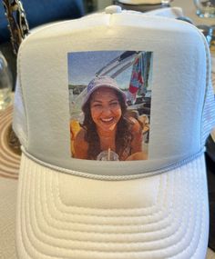 Trucker hats great gift for the entire family. Add a picture and a saying at no extra charge. Available in many colors. White 5-panel Baseball Cap For Beach, White 5-panel Hat For The Beach, White Bucket Mini Hat One Size, White Bucket Hat Mini Size, White 5-panel Beach Hat, Customizable Cap Hats, 5-panel Baseball Cap As Gift, Cute White Snapback Hat With Curved Brim, Custom Trucker Hat With Curved Brim As Gift