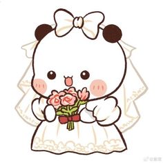 a drawing of a teddy bear in a wedding dress with flowers on her chest, holding a bouquet of roses