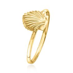 Ross-Simons - 10kt Yellow Gold Scallop Sea Shell Ring Size 8. Canaria fine jewelry. Perfect for everyday wear, these genuine 10kt gold wardrobe essentials are fashionable, fun and designed to last a lifetime. Strong and durable, our collection of gold classics is always a great value. This handcrafted 10kt yellow gold scallop sea shell ring brings the beach vibes all year long. Waterproof and worry-free, you can wear it on vacation or while you plan your next one. 1/4" wide. 10kt yellow gold sca Gold Wardrobe, Shell Ring, Beach Vibes, Beach Vibe, Sea Shell, On Vacation, Sea Shells, Wardrobe Essentials, Gold Rings