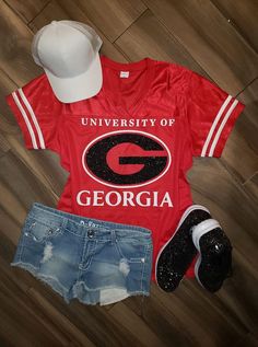 Georgia Bulldog Glitter Jersey Ga Bulldogs, Georgia Bulldog, Varsity Tees, Georgia Football, College Outfit, Glitter Shirt, Glitter Top, Summer Games, University Of Georgia