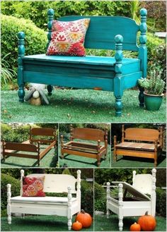 an outdoor bench made out of wood and painted teal