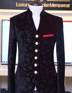 Printed velvet blazer with brass coat buttons for winter Traditional Fall Blazer For Formal Occasions, Traditional Fall Formal Blazer, Luxury Long Sleeve Nehru Jacket For Winter, Luxury Winter Nehru Jacket, Elegant Nehru Jacket With Buttons For Winter, Elegant Winter Nehru Jacket With Buttons, Designer Long Sleeve Ceremonial Blazer, Designer Ceremonial Long Sleeve Blazer, Designer Long Sleeve Blazer For Ceremonial Occasions