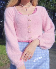 Soft Fuzzy Cropped mohair Sweater in baby pink with oval neckline, long puff sleeves and sweet rose decoration at front. This cute sweater has a faux ‘cardigan’ trim (the roses are not buttons, they are sewn-in onto the sweater). Its stretchy construction would accommodate sizes Small, Medium and Large. ONE SIZE Length: 42cm Bust: 84-94cm Material: Acrylic Pink Cute Outfits Girly, 90s Pink Aesthetic Outfits, Rose Pink Outfit, Katie Gardner, Baby Pink Outfit, Softie Aesthetic, Coquette Stuff, Pink Girly Outfits, Coquette Princess