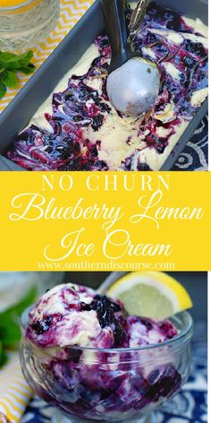 no churn blueberry lemon ice cream in a glass bowl