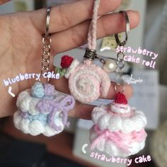 a hand holding three crochet keychains with words describing how to make them