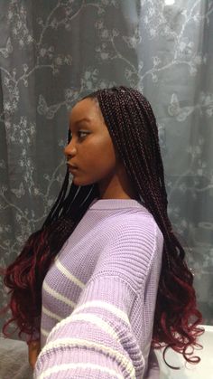 ombre french curl braids black girl hair inspo  #prom  #tips #aesthetic #hair #blackgirl #birthday Black And Red Ombre Braids, Black And Red French Curl Braids, Ombre Red Box Braids, Red Ombré Braids, Dark Red French Curl Braids, Burgundy Ombre Braids, Ombre French Curl Braids, Red Ombre Braids, 99j Braids