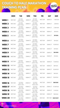 the coach to half marathon training plan is shown in purple and yellow colors with an orange background