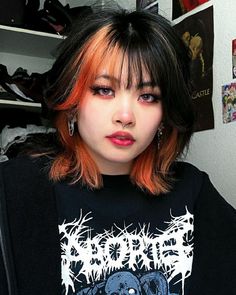 Cut Hair Short, Haircut Wolf, Dyed Bangs, Black Haircut, Short Dyed Hair, Wolf Haircut, Short Grunge Hair, Hair Streaks, Grunge Dress