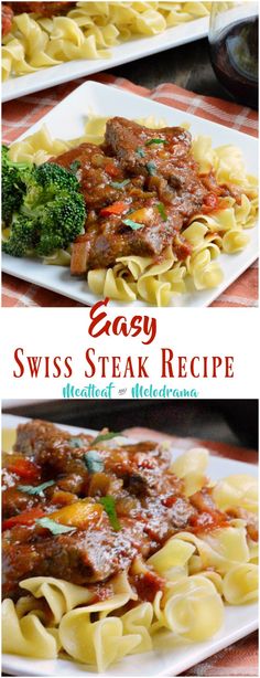 easy swiss steak recipe with noodles and broccoli on a white plate, ready to be eaten