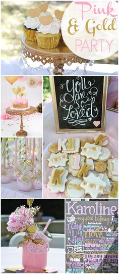 pink and gold party with cupcakes, cookies, cakes and desserts