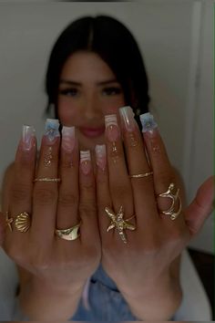 Nail Salon Design Nails, Nail Inspo For Mexico, Jhene Aiko Concert Nails, Dreamy Nail Designs, Nails Inspiration With Charms, Medium Set Nails, Anniversary Nails Ideas With Initial, Medium Y2k Nails, Nail Design With Charms