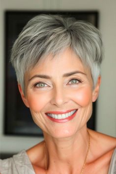 Cropped Salt And Pepper Pixie Hairstyle on smiling older woman with salt and pepper hair. Blow Dry Bangs, Choppy Pixie, Edgy Short Haircuts, Choppy Hairstyles, Short Hair Cuts For Round Faces, Easy Care Hairstyles, Textured Bangs