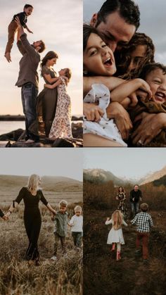 a collage of people holding hands and walking in the grass with mountains in the background