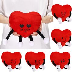 a person holding a heart shaped pillow with different expressions