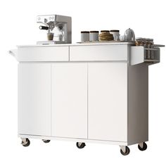 a white kitchen cart filled with lots of dishes and cups on it's wheels