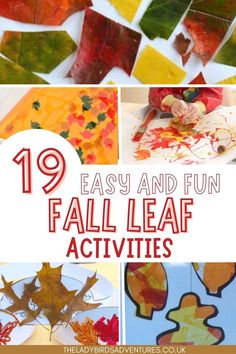 5 photos of leaf crafts and text that reads 19 easy and fun fall leaf activities Leaves Activities For Toddlers, Leaf Activities For Toddlers, Fall Leaves Crafts Preschool, Preschool Leaves Activities, Fall Leaf Activities, Fall Leaves Preschool, Leaves Activities, Fall Leaves Activities, Leaf Activities