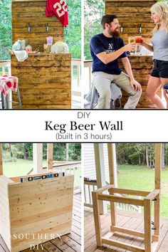 three pictures showing how to build a keg beer wall with built in 3 hours